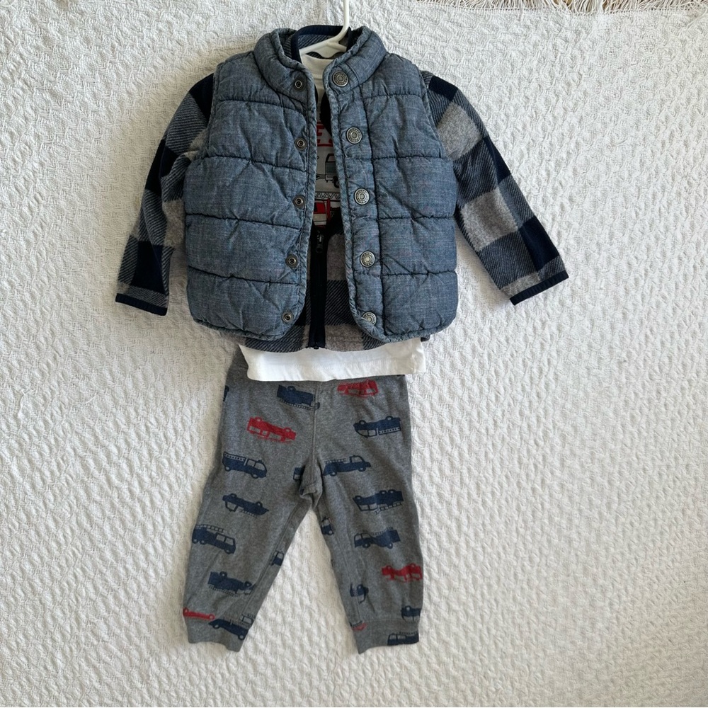 18M Firetruck Plaid Denim Vest Baby Outfit Bundle